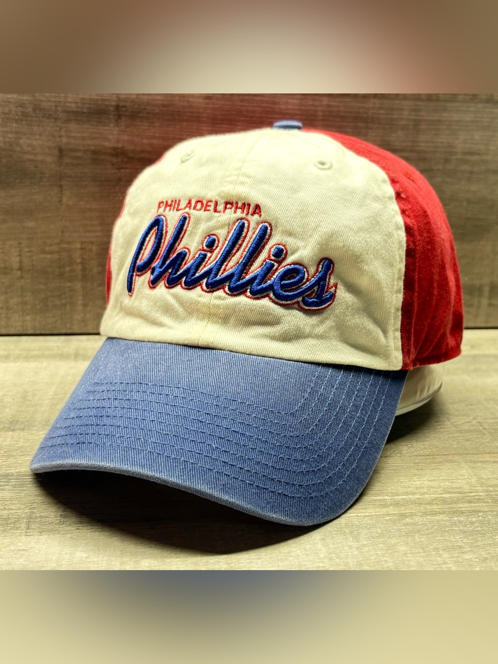 MLB Philadelphia Phillies Script Tricolor Baseball Cap - Cream, Red, Blue - Picture 2 of 7